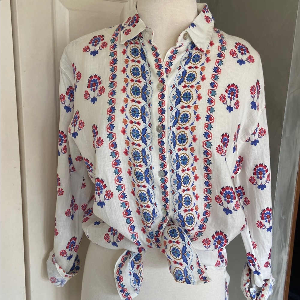 NWT Magaschoni S/P Linen Floral Patterned Long Sleeve Blouses retails $168